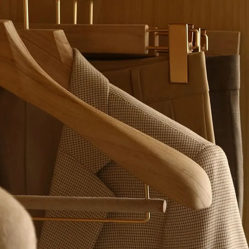 Wooden Clothes Hangers with Bar and Adjustable Clips for Suits and Coats