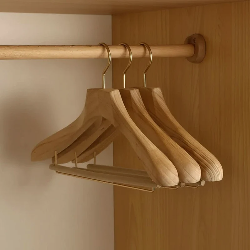 Wooden Clothes Hangers with Bar and Adjustable Clips for Suits and Coats