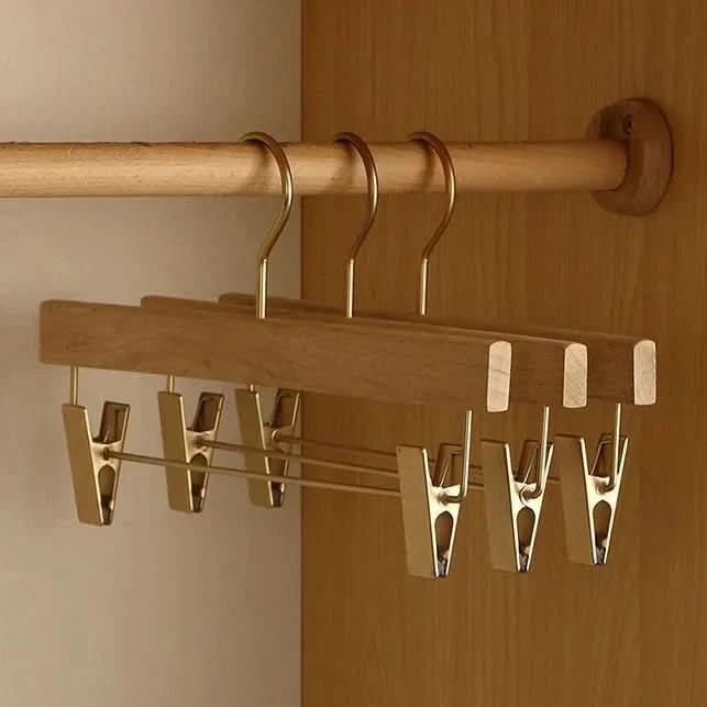 Wooden Clothes Hangers with Bar and Adjustable Clips for Suits and Coats