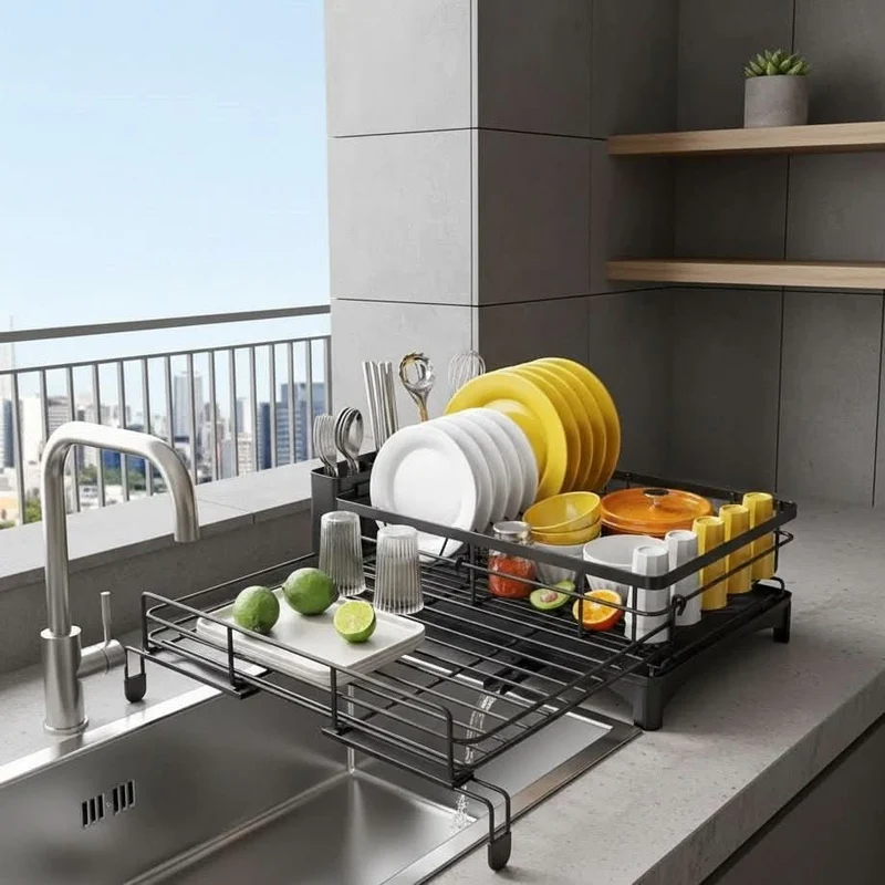 Dish Drying Rack with Expandable Over the Sink Design and Integrated Drip Tray