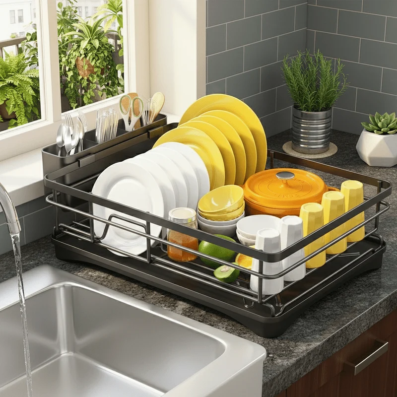 Dish Drying Rack with Expandable Over the Sink Design and Integrated Drip Tray