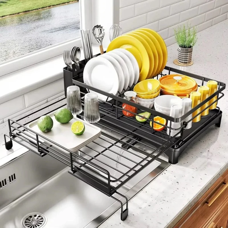 Dish Drying Rack with Expandable Over the Sink Design and Integrated Drip Tray
