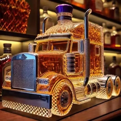 Whiskey Decanter Semi-Truck Glass Bottle with Decorative Stopper and Molded Wheels