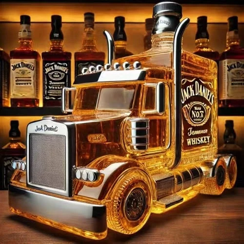 Whiskey Decanter Semi-Truck Glass Bottle with Decorative Stopper and Molded Wheels