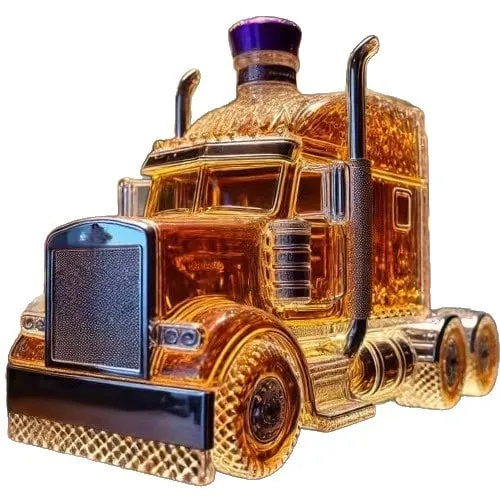 Whiskey Decanter Semi-Truck Glass Bottle with Decorative Stopper and Molded Wheels