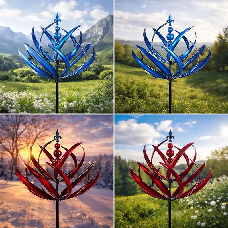 Garden Wind Spinners with Kinetic Metal Lotus Flower Design and 360 Degree Rotation
