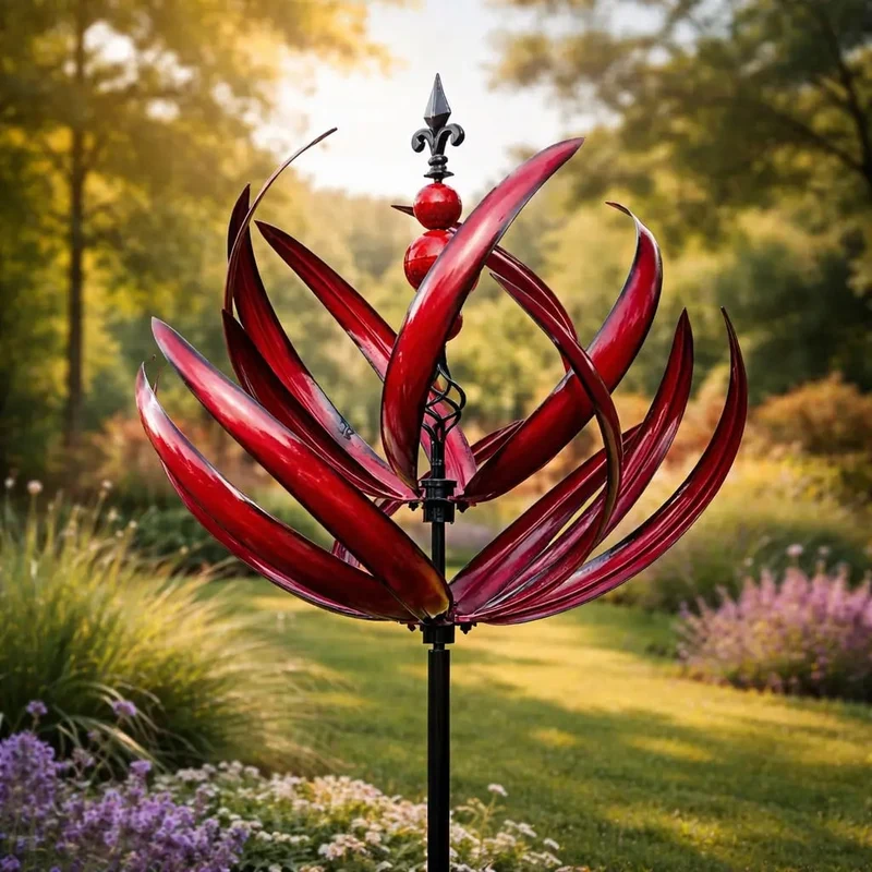 Garden Wind Spinners with Kinetic Metal Lotus Flower Design and 360 Degree Rotation
