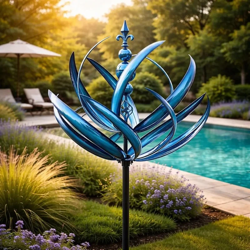 Garden Wind Spinners with Kinetic Metal Lotus Flower Design and 360 Degree Rotation
