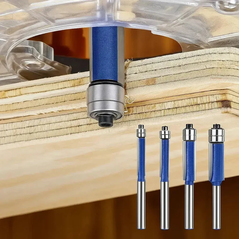 4-Piece Flush Trim Router Bit Set with Double Bearings