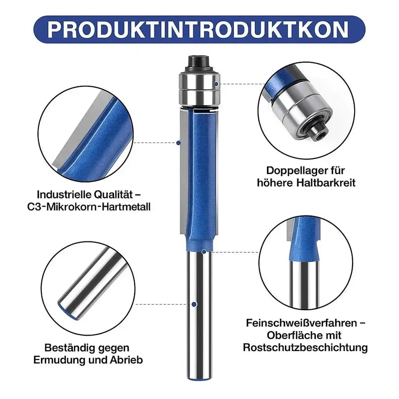 4-Piece Flush Trim Router Bit Set with Double Bearings