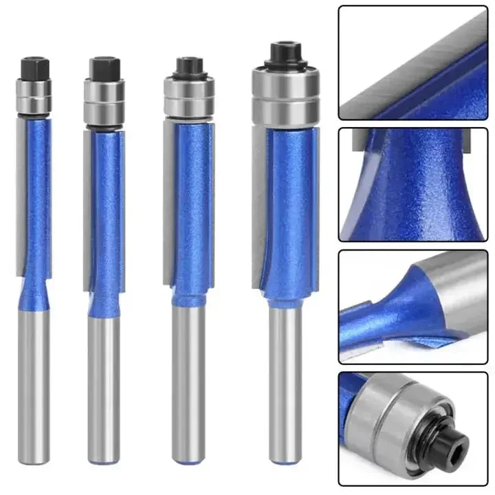 4-Piece Flush Trim Router Bit Set with Double Bearings