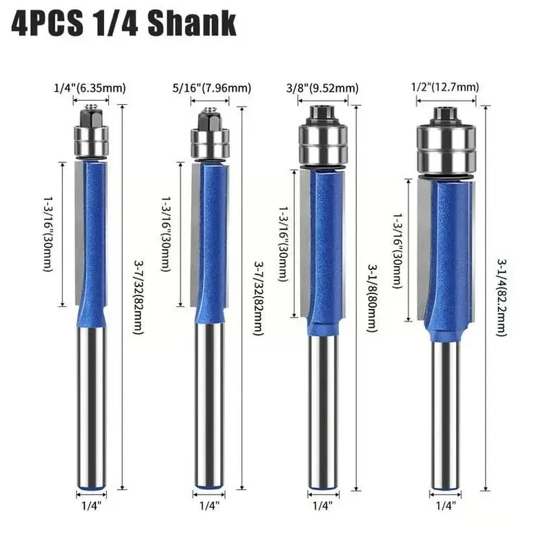 4-Piece Flush Trim Router Bit Set with Double Bearings
