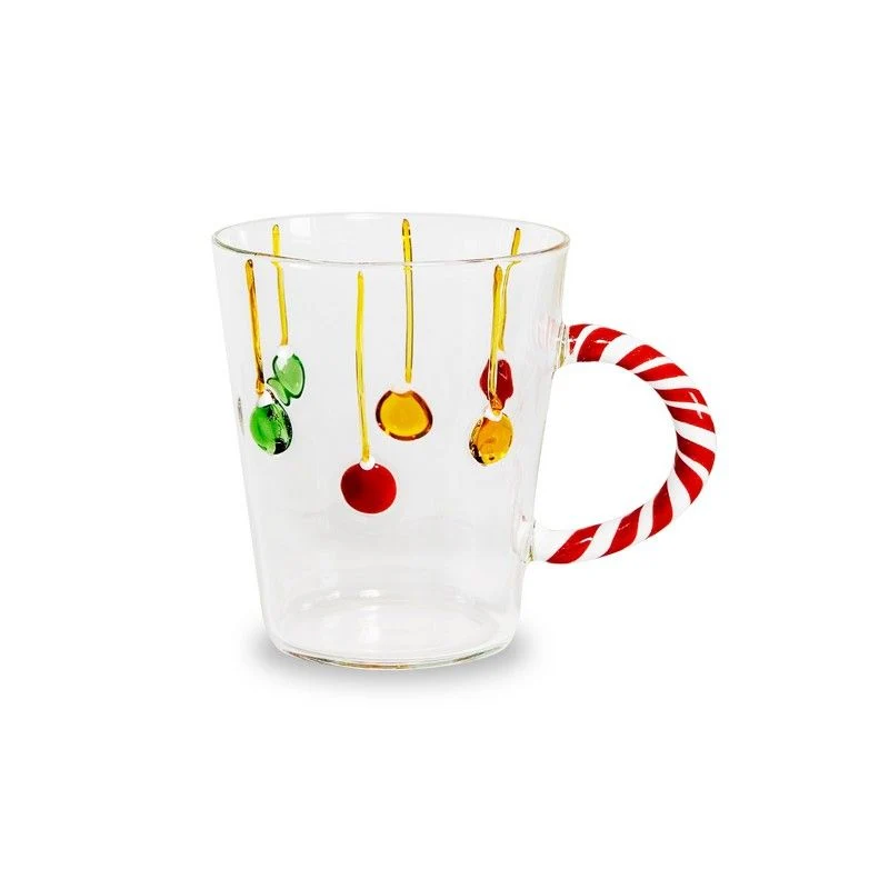 Mug in vetro borosilicato con manico candy cane e decoro palline di Natale 425 ml Trasparente e Rosso Wd Lifestyle