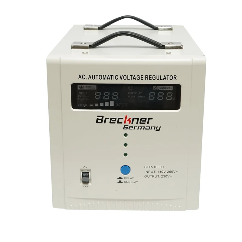 Stabilizzatore di tensione automatico 10000VA con relè monofase, 2 prese schuko 230V, display LCD Breckner Germany