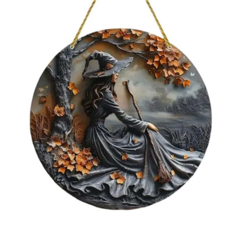Halloween Door Decoration Hanging Sign with a Witch and Leaves Home Decor