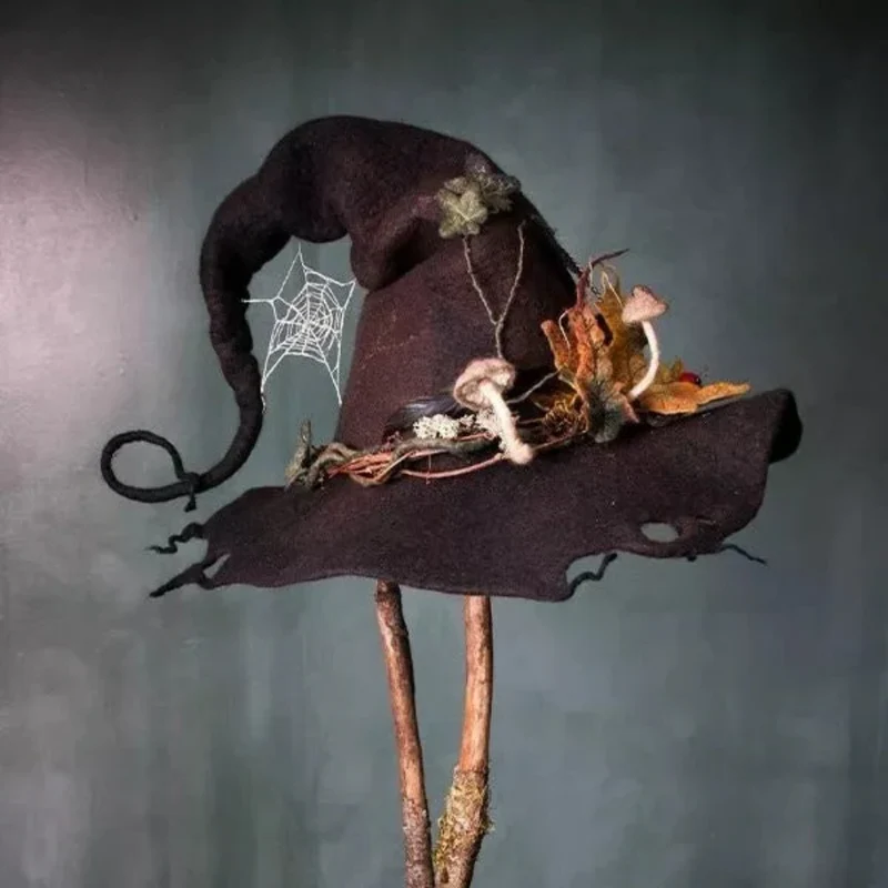 Halloween Felt Witch Hat with Decorative Flowers and Mushrooms for Costumes