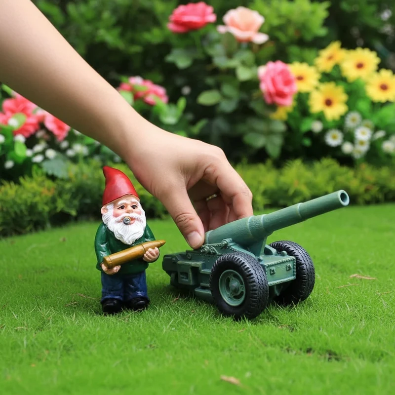 Halloween decoration, garden gnome with a military cannon, garden ornament, metal decorations