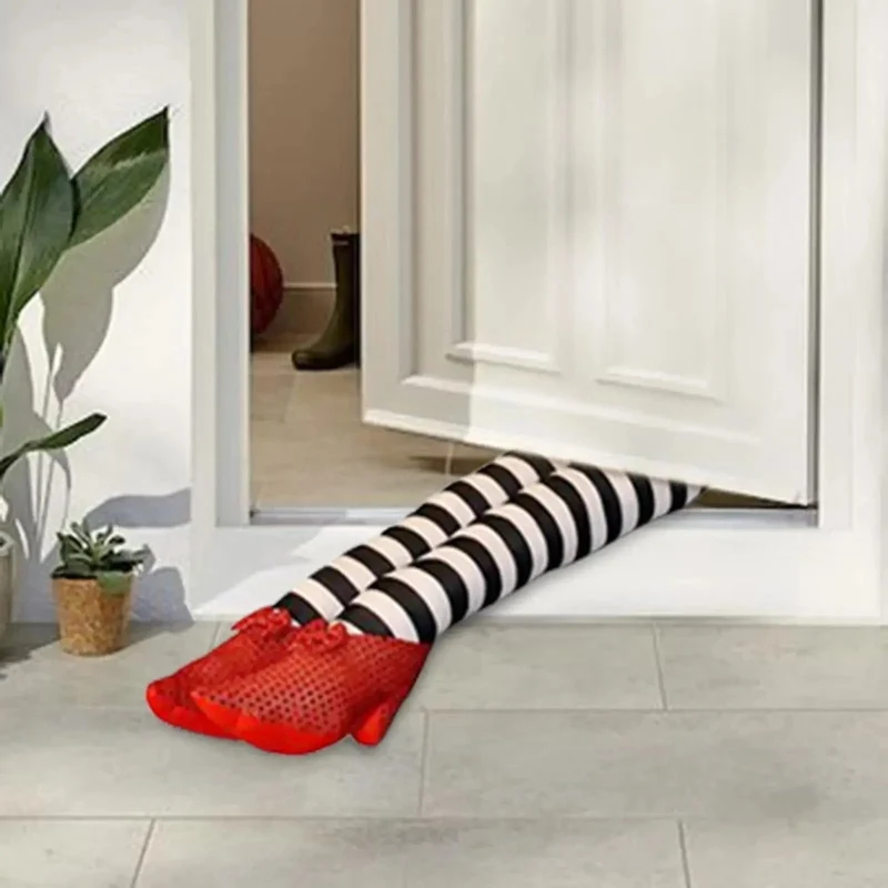 Halloween Front Door Stopper, Plush Witch’s Legs, Black and White, Bathroom