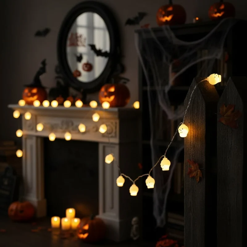 Halloween LED string lights with decorative motifs for indoor and garden use