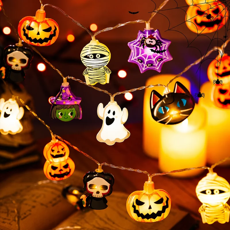 Halloween LED string lights with decorative motifs for indoor and garden use