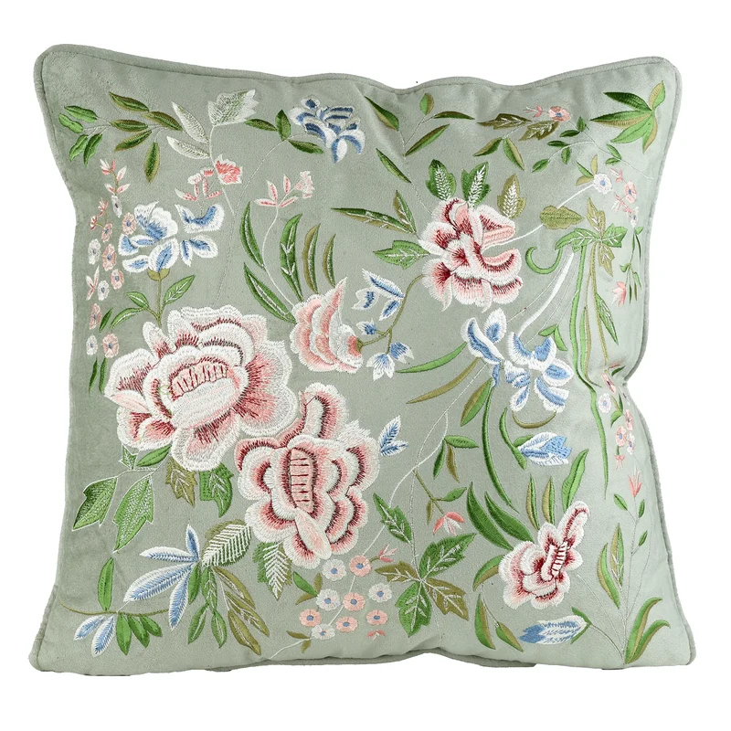 Cuscino 45x45 Cm Verde Ricamato Fiori Rosa