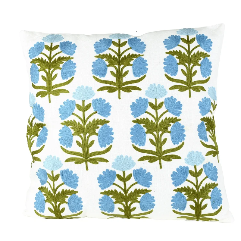 Cuscino 45x45 Cm Cotone Ricamo Fiori Azzurri