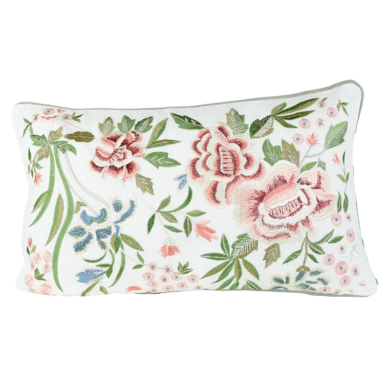 Cuscino 50x30 Cm Ricamato Fiori Rosa