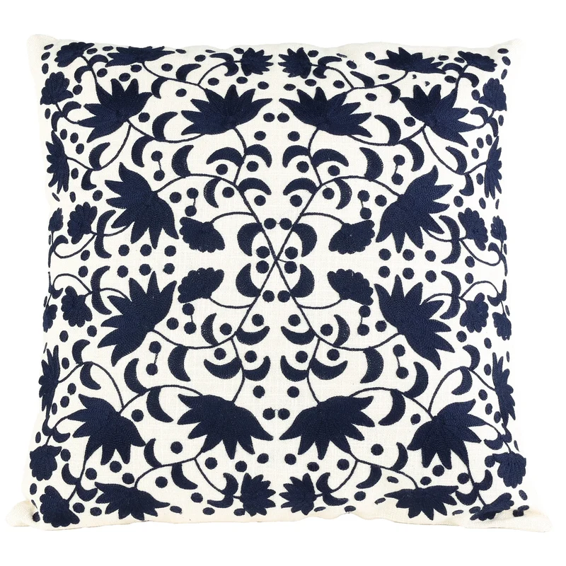 Cuscino 45x45 Cm Crema Ricamo Decoro Blu