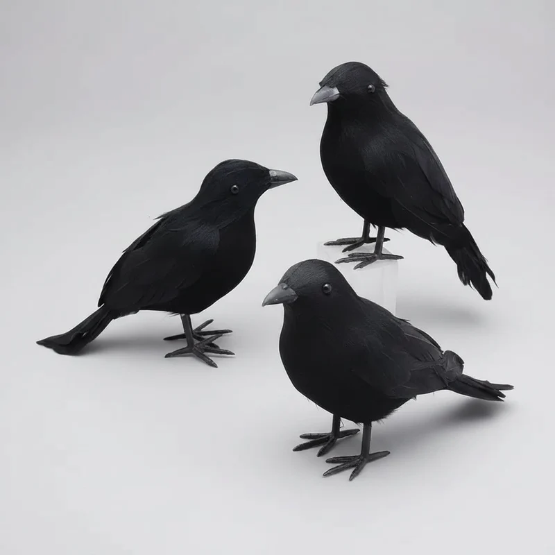 Halloween Decorative Raven Figurine with Black Feathers for Parties and Gardens