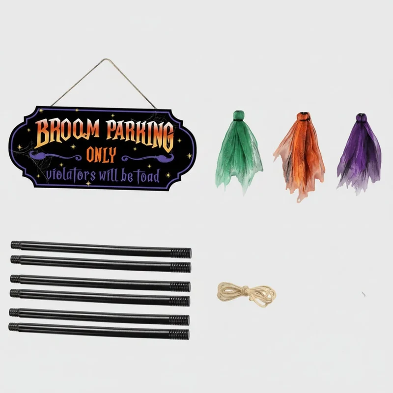 Halloween Hanging Decoration with a Sign and Tulle Brooms for the Garden