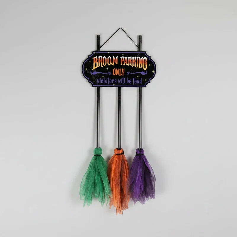 Halloween Hanging Decoration with a Sign and Tulle Brooms for the Garden