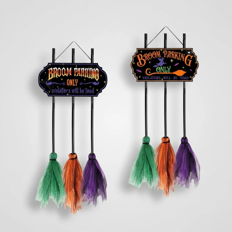 Halloween Hanging Decoration with a Sign and Tulle Brooms for the Garden