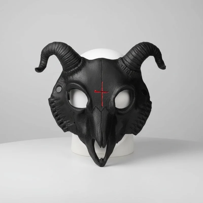 Halloween Goat Skull Mask with Horns and Red Cross for a Costume Party