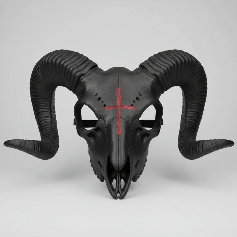 Halloween Goat Skull Mask with Horns and Red Cross for a Costume Party