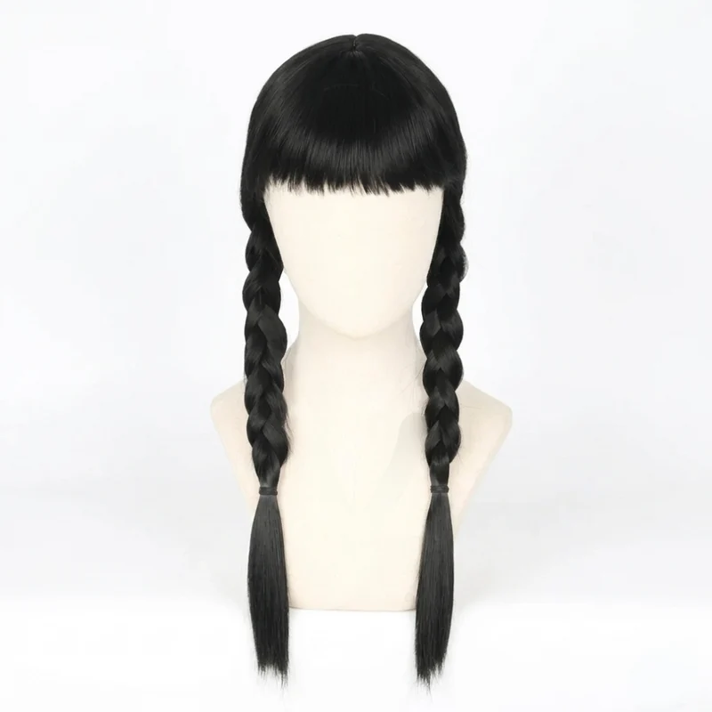 Halloween Women’s Wig with Braids and Bangs, Black Synthetic Costume