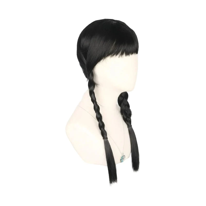 Halloween Women’s Wig with Braids and Bangs, Black Synthetic Costume