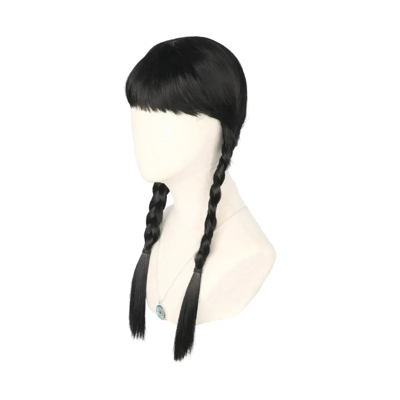 Halloween Women’s Wig with Braids and Bangs, Black Synthetic Costume