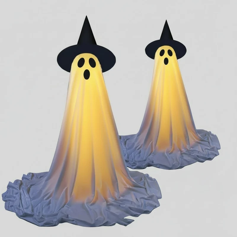 Halloween Ghost Decoration with LED Lights Witch Hat and Adjustable Telescopic Stand