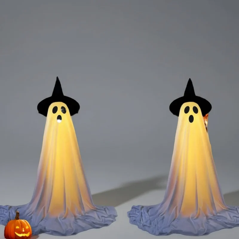 Halloween Ghost Decoration with LED Lights Witch Hat and Adjustable Telescopic Stand