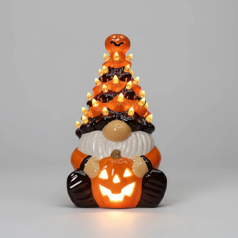 Halloween Pumpkin Light Up Ceramic Gnome Figurine with Glowing Jack-O-Lantern and Yellow