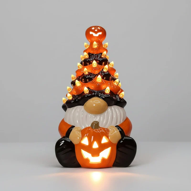 Halloween Pumpkin Light Up Ceramic Gnome Figurine with Glowing Jack-O-Lantern and Yellow