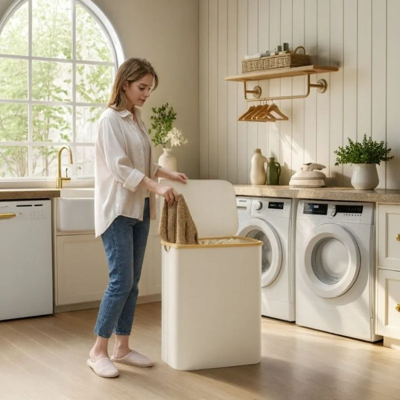 Wäschekorb mit Deckel | Wäschesammler mit 3 Fächern in Schwarz, Beige & Grau | WäscheBox