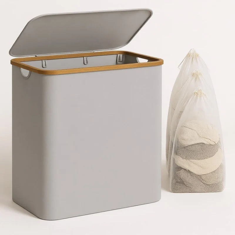 Wäschekorb mit Deckel | Wäschesammler mit 3 Fächern in Schwarz, Beige & Grau | WäscheBox