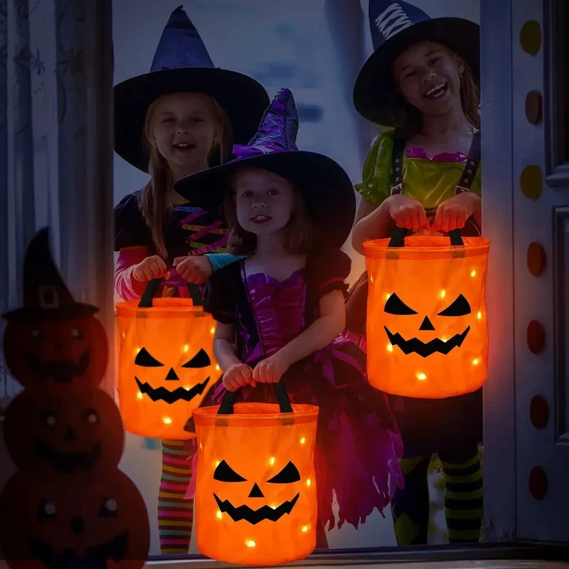 Halloween Candy Bucket with LED Lights That Glow in the Dark, Trick or Treat