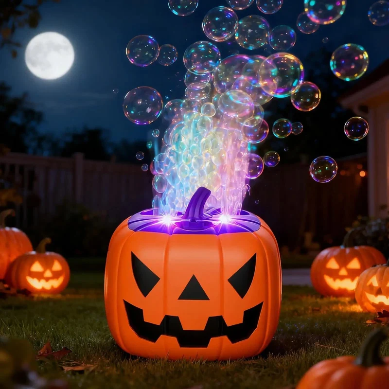 Halloween Pumpkin-Shaped Bubble Machine with Battery-Powered LED Lights for Children