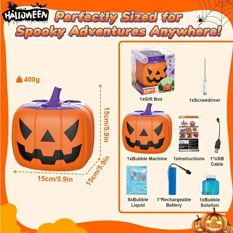 Halloween Pumpkin-Shaped Bubble Machine with Battery-Powered LED Lights for Children