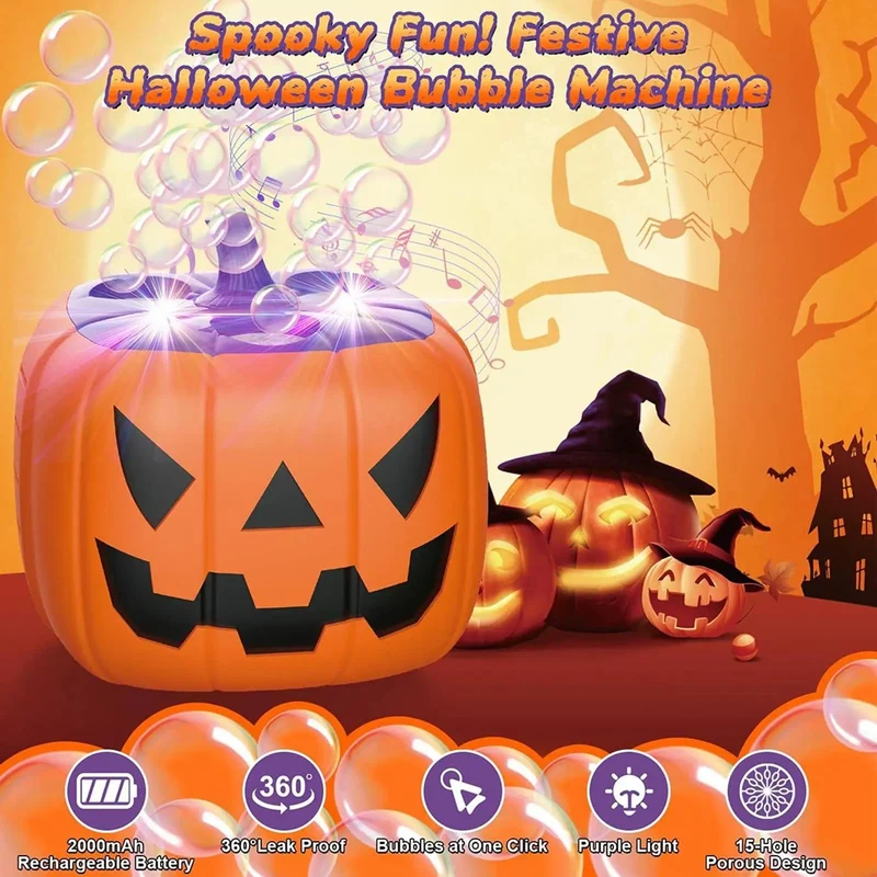 Halloween Pumpkin-Shaped Bubble Machine with Battery-Powered LED Lights for Children