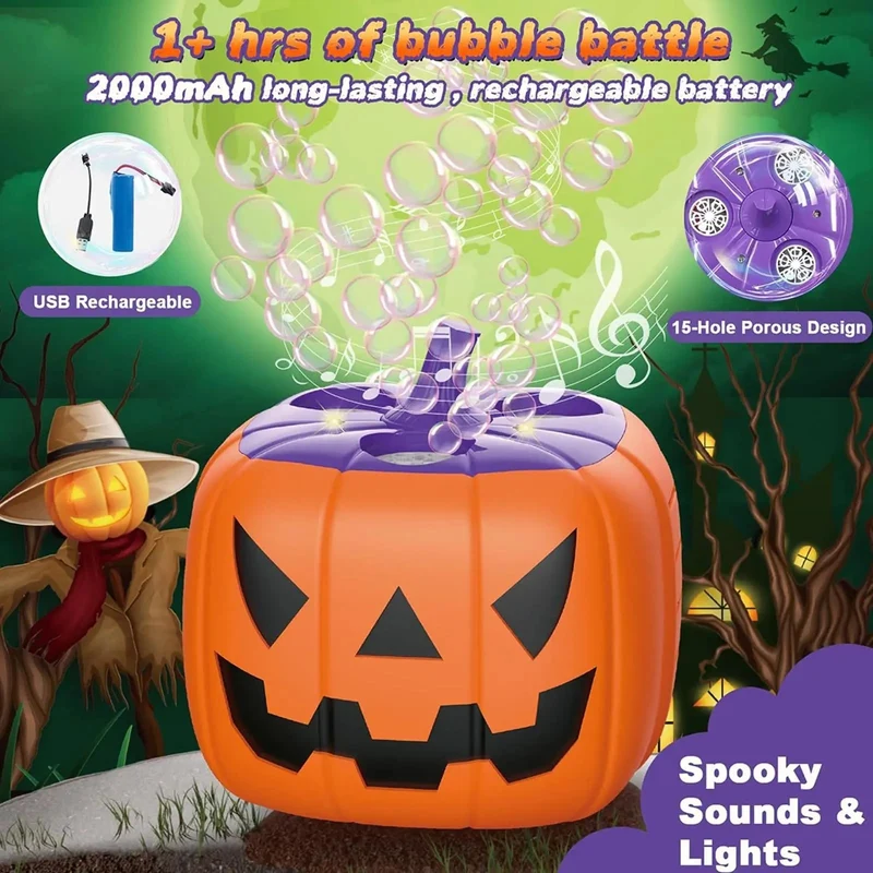 Halloween Pumpkin-Shaped Bubble Machine with Battery-Powered LED Lights for Children