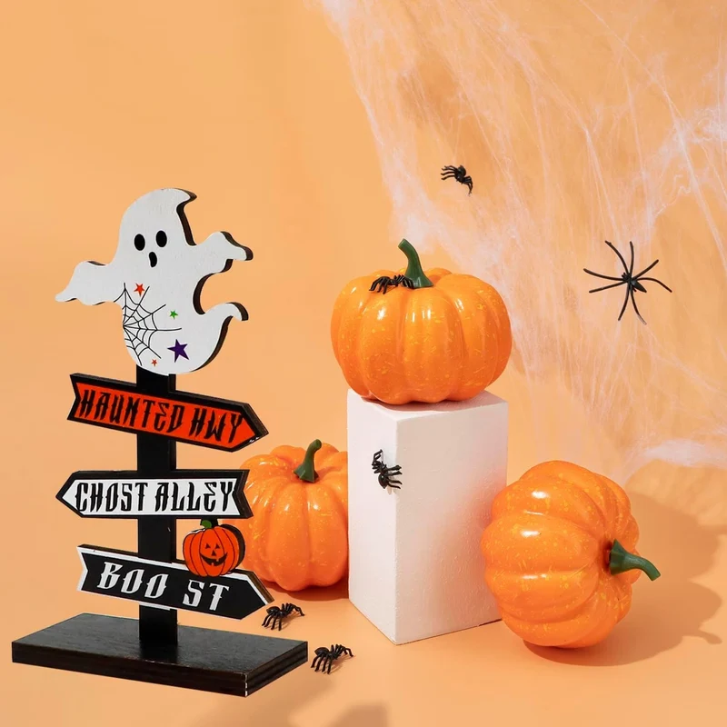 Halloween Home Decorations Wooden Signpost with Arrows and Ghost and Pumpkin Motifs for the Table