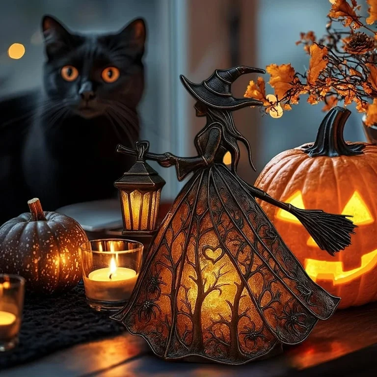 Halloween Battery-Operated Witch-Shaped Lamp with LED and Openwork Dress for Interior Decoration